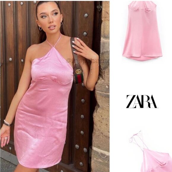 Zara Pink Satin Halter Neck Dress NWT Size L - Picture 1 of 11